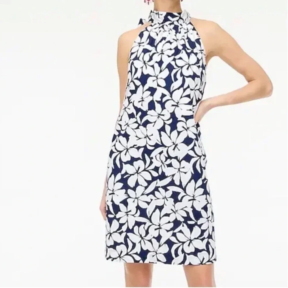 J.Crew Floral Tie Neck Mini Dress Navy White Cotton Resort Shift Vacation Party
